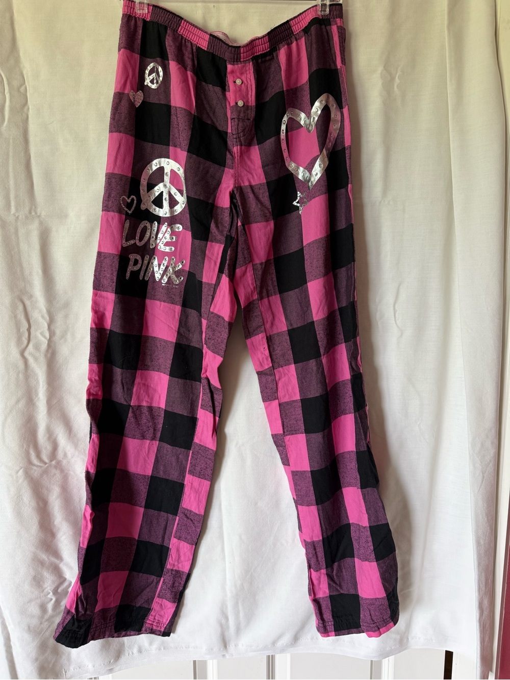 NWT Victoria's Secret PINK Buffalo Plaid Pajama Pants Y2K Silver Foil M